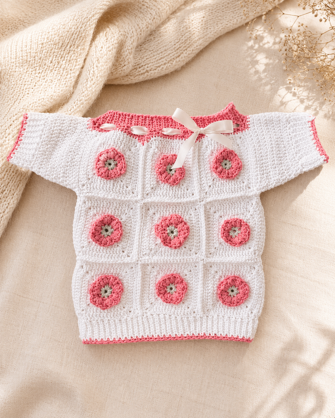 Vit babytröja med rosa blommor